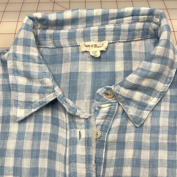 HEM & THREAD Boho Cottage Gauze 2 Pocket Buffalo/Plaid Blue/WHT Fringe Top S/M - Picture 11 of 16